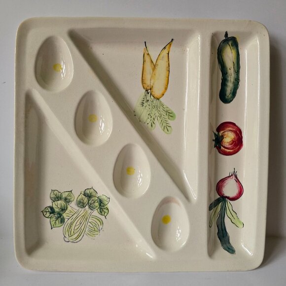 Japanese Ceramic Divided Serving Platter With Hand-Painted Vegetable Design - Picture 10 of 16